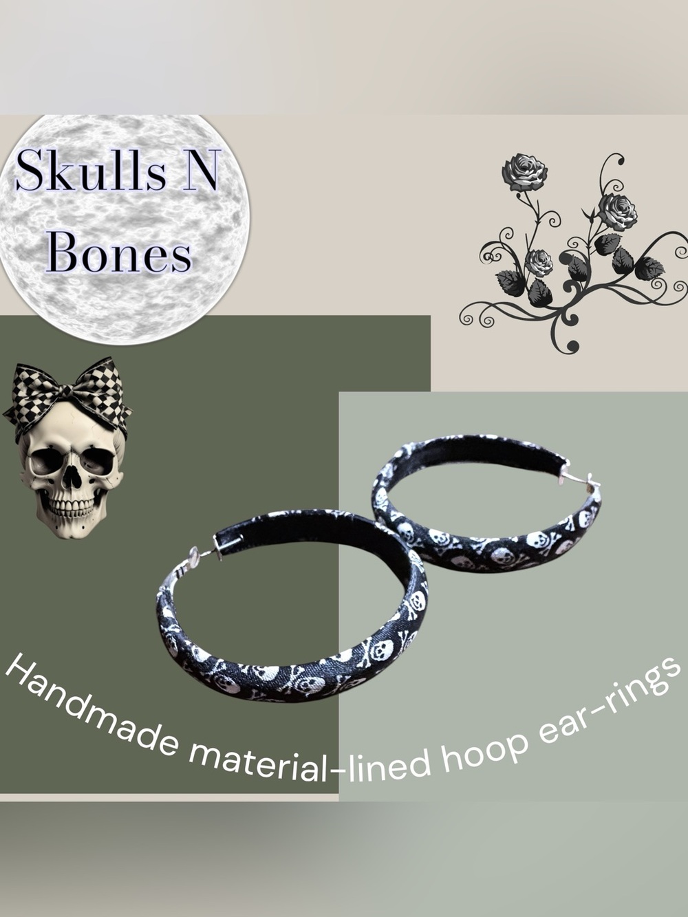 Handmade Skull & Crossbones Fabric Lined Hoop Earrings